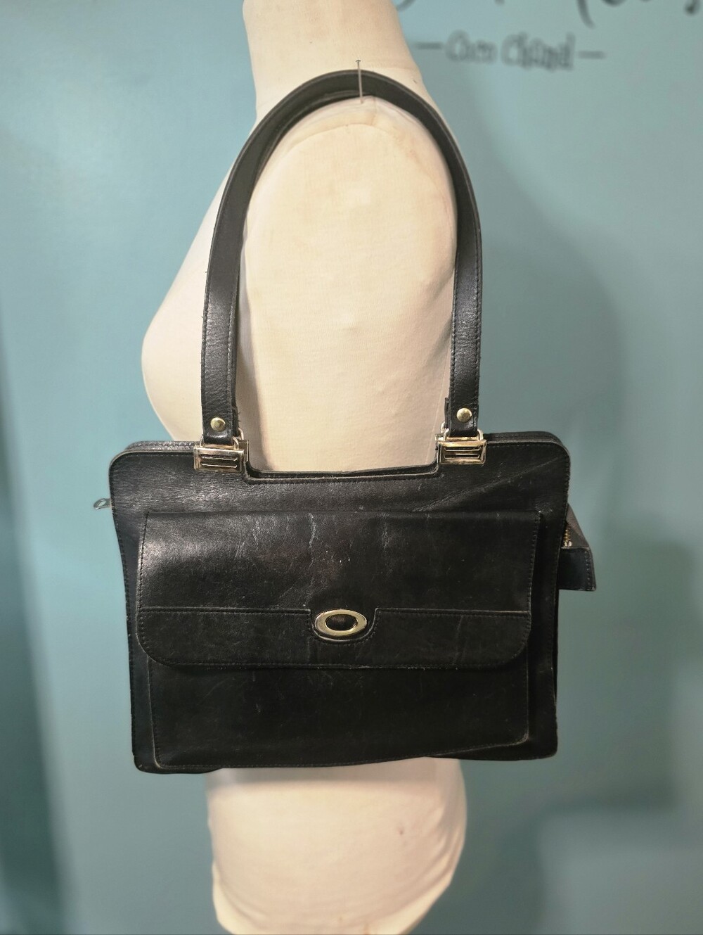 Classic Vintage Black Leather Top-Handle Handbag